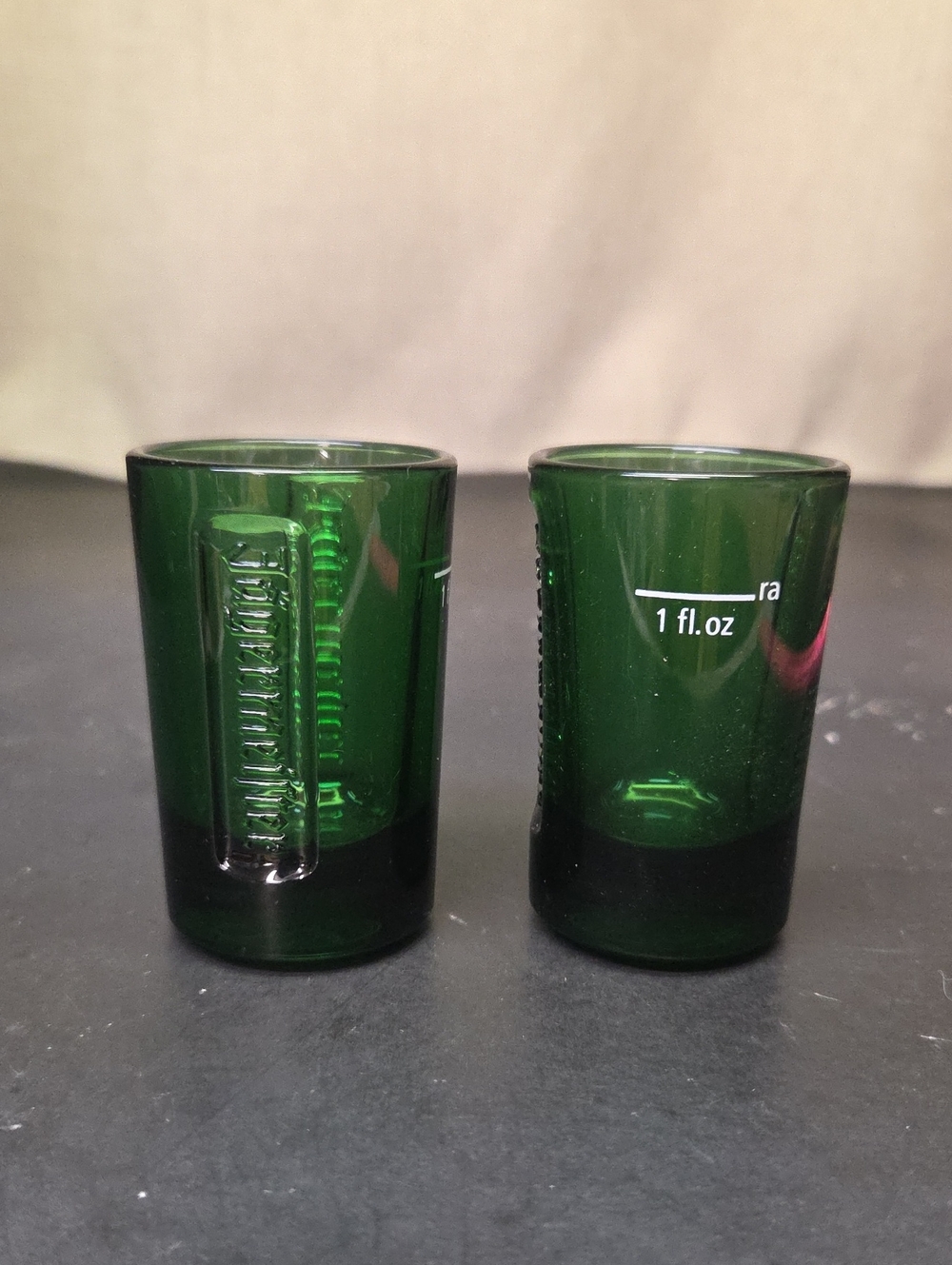 Set of 2 Jagermeister Emerald Green‎ Glass Shot Glasses with Embossed Logo 2.75"